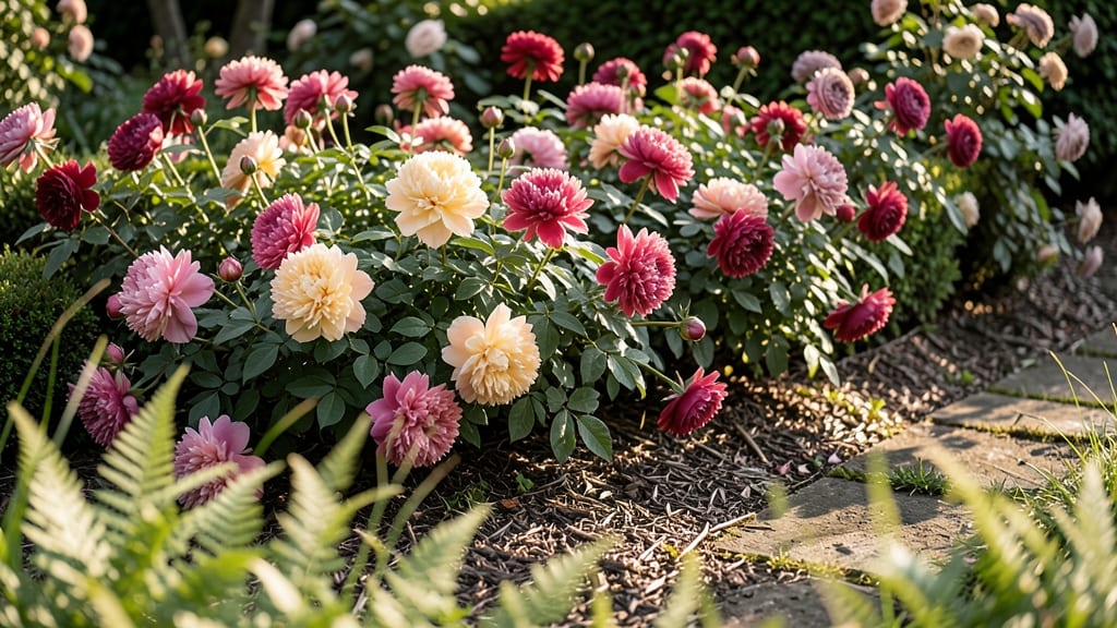 Cottage Garden with Peonies and Roses