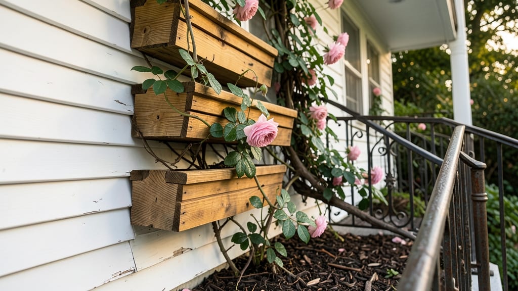 Tiered Wooden Flower Boxes with Climbing Roses