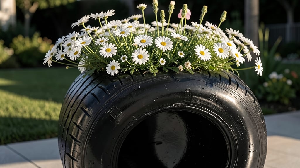 Tire Planter with Black and White Contrast