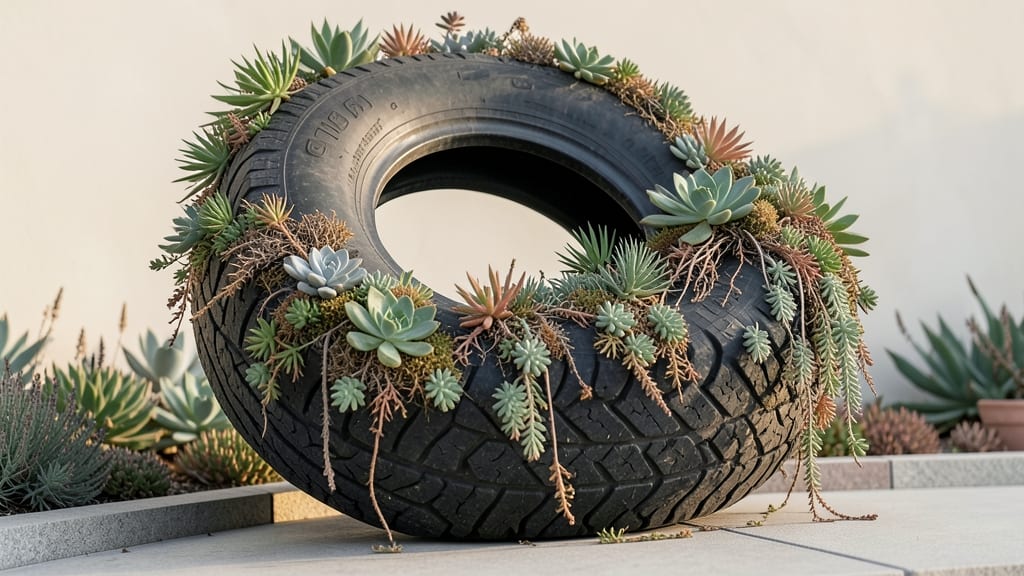 Tire Swag Planter with Hanging Succulents