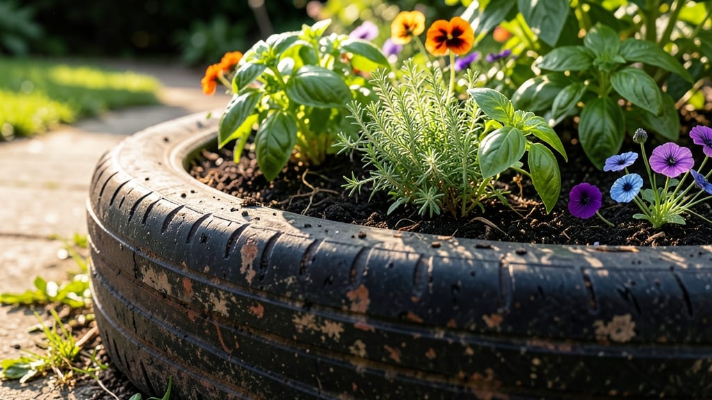 Tire Planter with Herbs and Edible Flowers