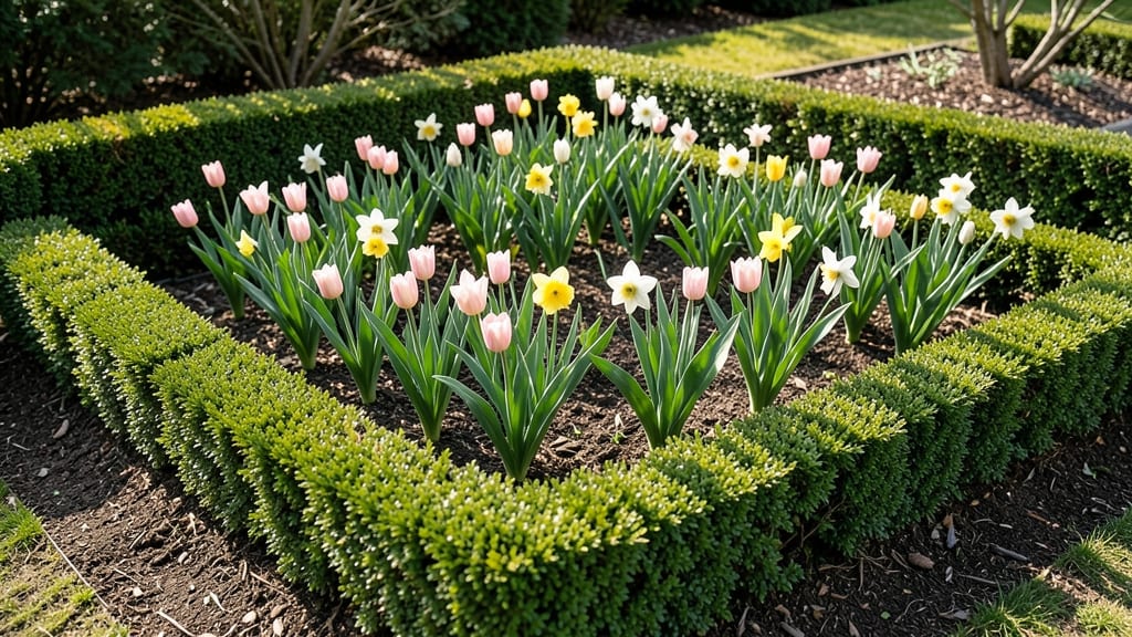 Evergreen Boxwood Foundation With Spring Bulbs