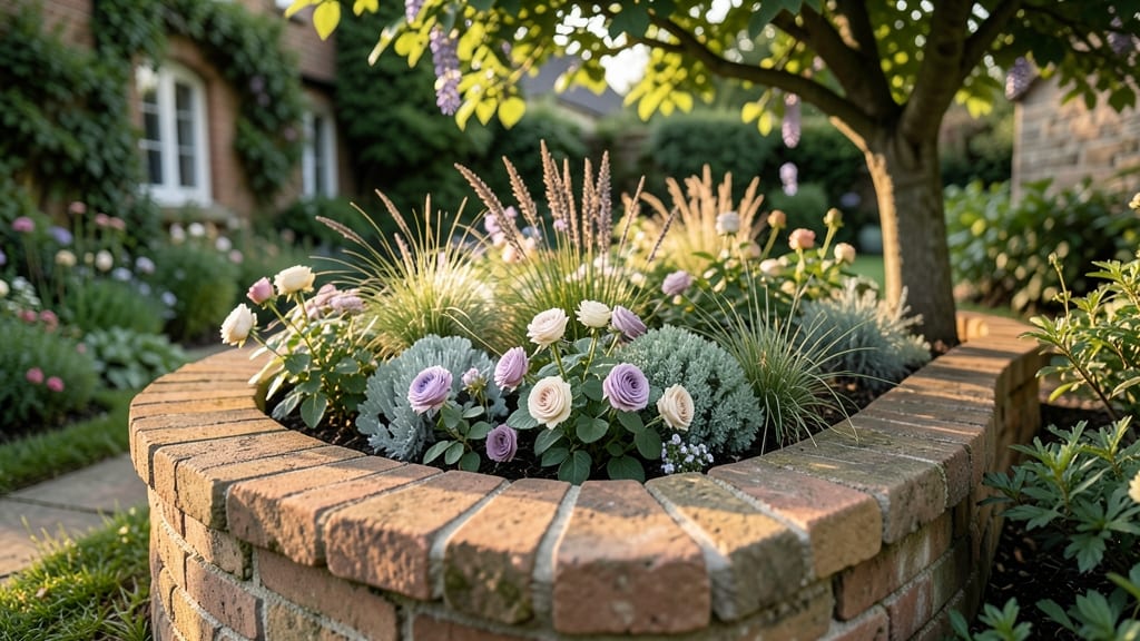 Curved Brick Flower Bed with Mixed Textures