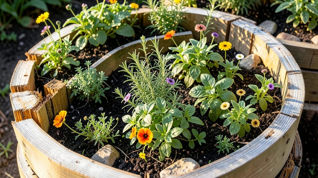 Container Herb Spiral with Edible Flowers