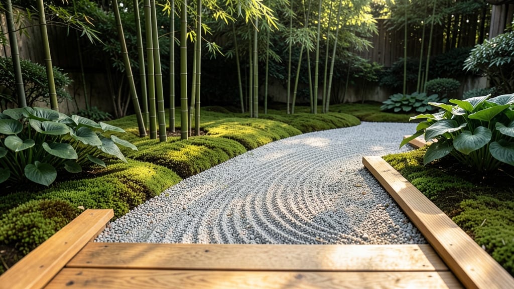 Japanese Zen Garden with Moss and Bamboo
