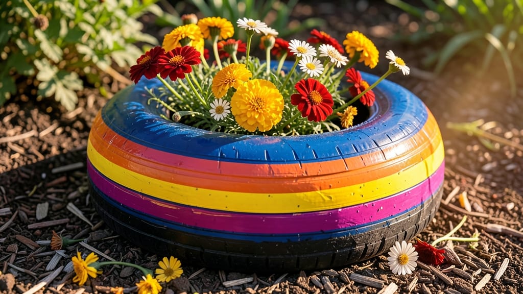 Rainbow Tire Planter with Annual Flowers