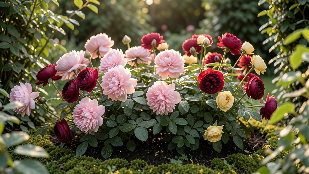 Cottage Garden with Peonies and Roses