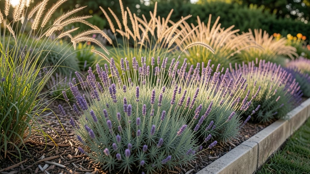 Perennial Border With Lavender And Ornamental Grasses