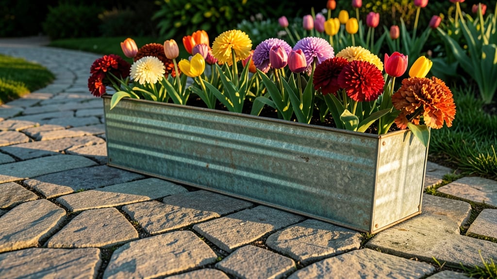 Galvanized Metal Trough Planters with Seasonal Color