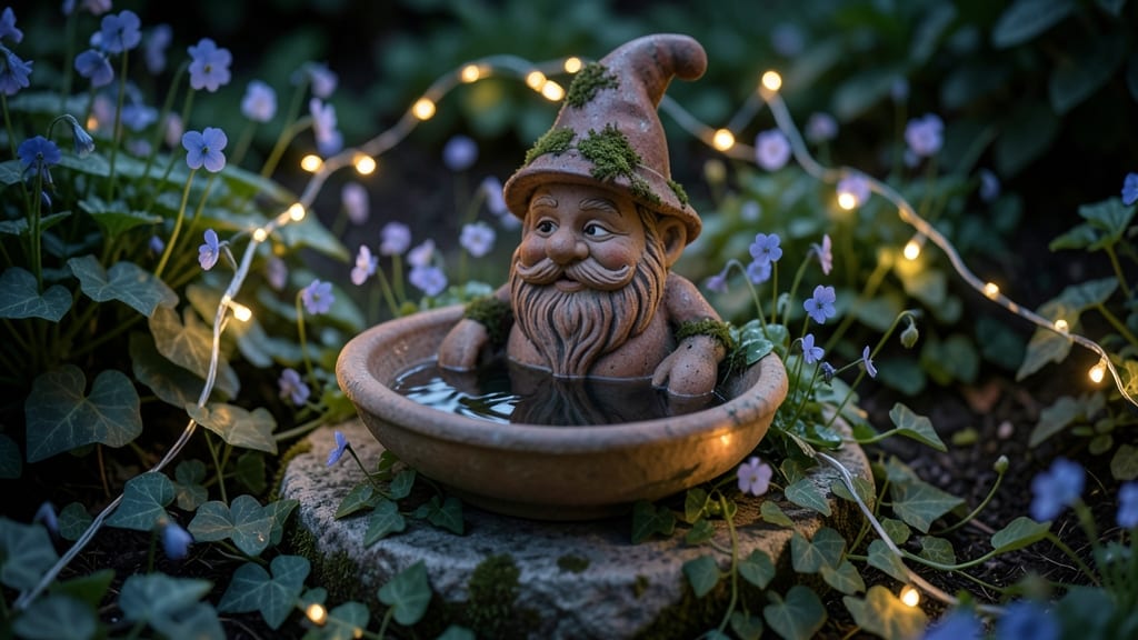 Whimsical Gnome Bird Bath with Fairy Lights