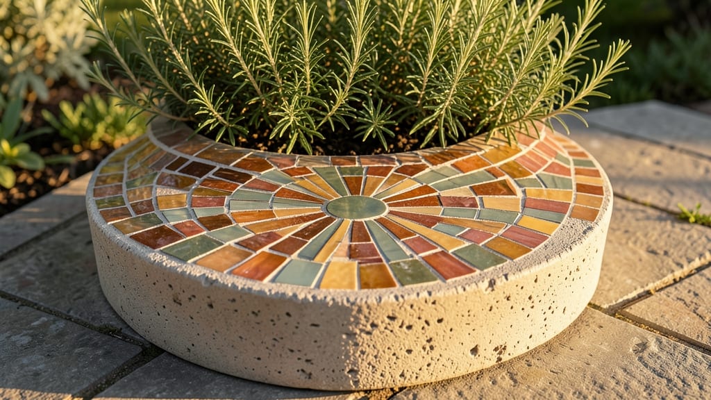 Mosaic Tile Round Planter with Sunburst Design