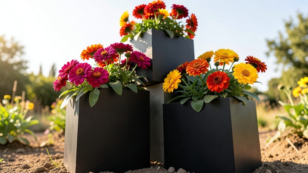 Tropical Zinnias in Geometric Planters