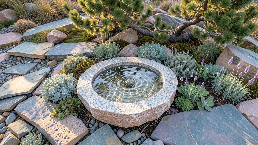 Rock Garden Bird Bath with Alpine Plants