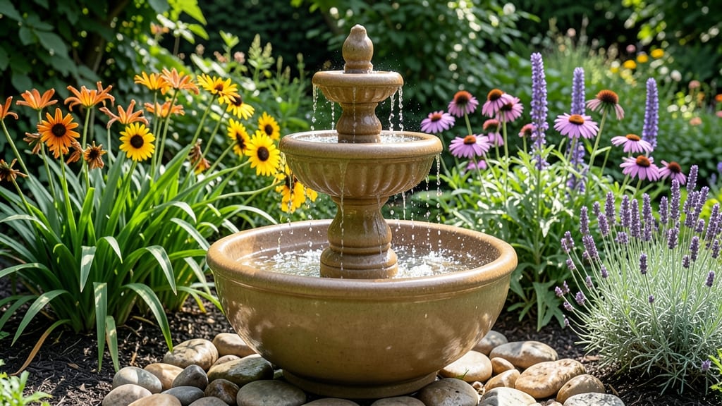 Flower Bed Water Fountain: Serene Focal Point for Hummingbirds and Butterflies