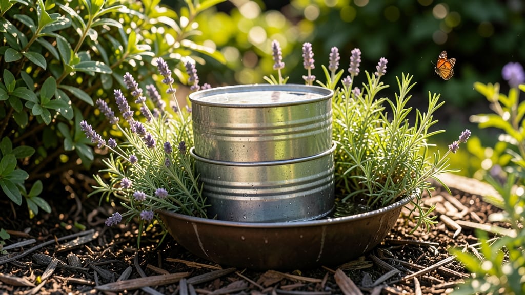 Vintage Tin Can Bird Bath with Herbs