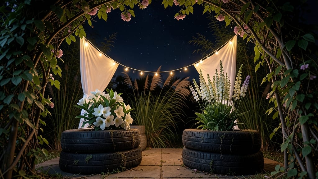 Tire Planter with Fairy Lights and Flowers