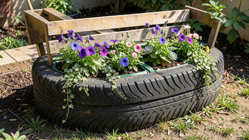 Tire Planter Bench With Hidden Seating