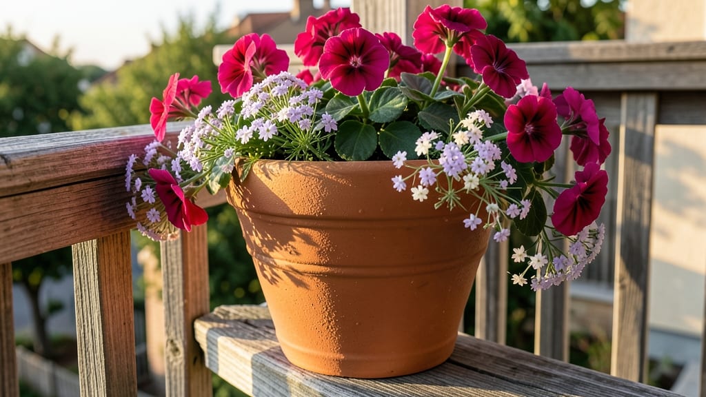 Container Garden With Geraniums And Sweet Alyssum