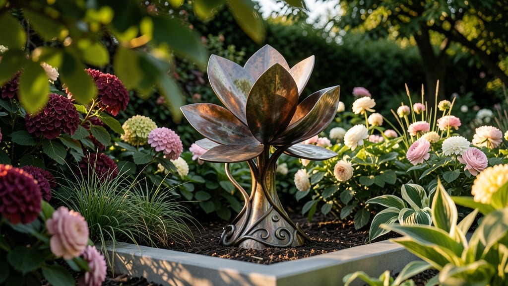 Metal Garden Sculptures with Floral Motifs