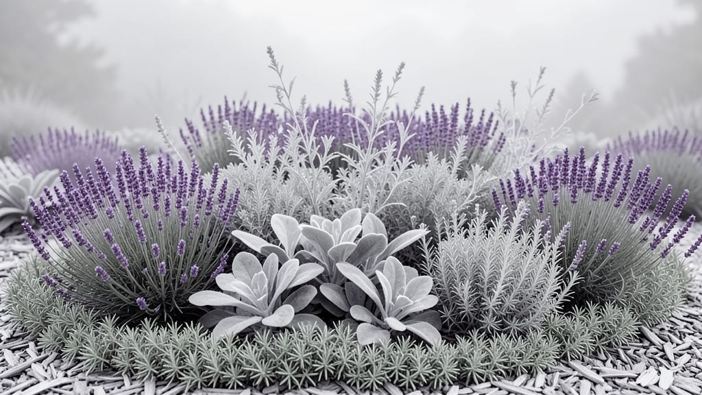 Monochromatic Lavender And Silver Foliage Bed
