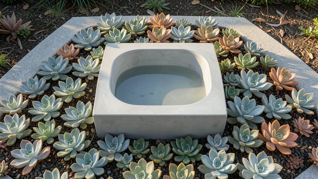 Modern Concrete Bird Bath with Succulents