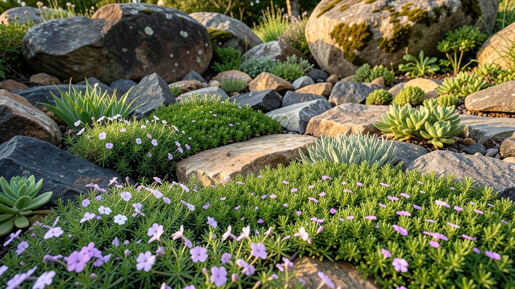 Rock Garden With Alpine Flowers And Ground Cover