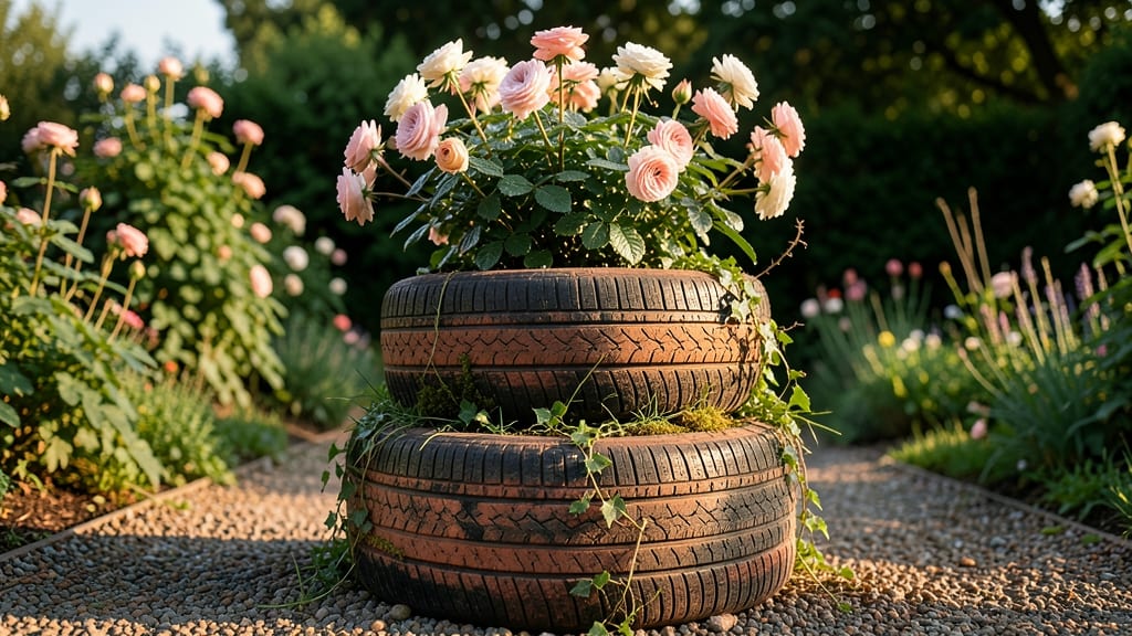 Tire Planter with Climbing Roses